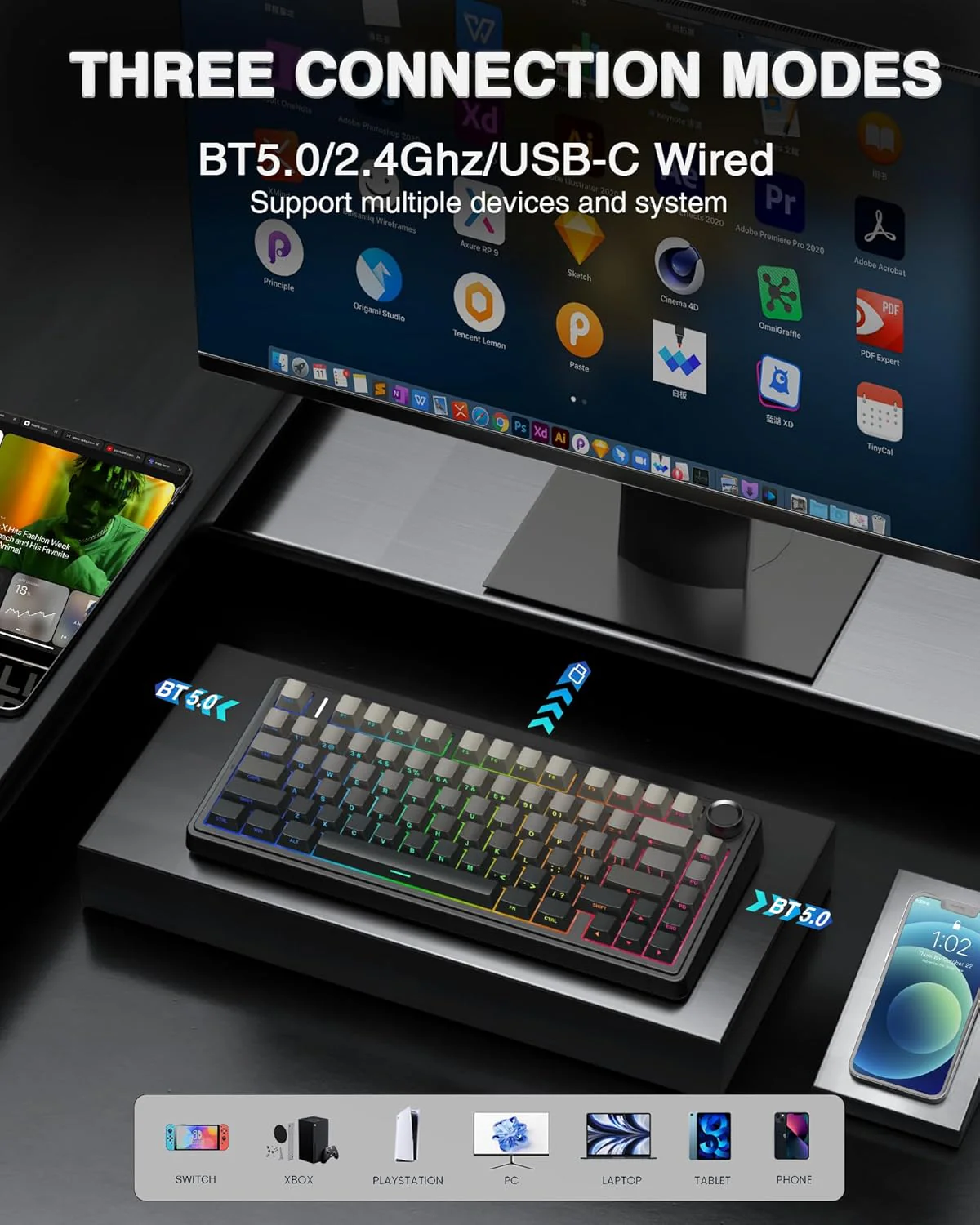 AULA F75 Pro Wireless, Mechanical Gaming Keyboard 75% Hot-Swappable RGB with Multifunction Knob - Image 3