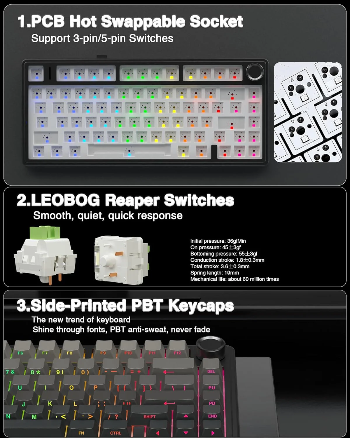 AULA F75 Pro Wireless, Mechanical Gaming Keyboard 75% Hot-Swappable RGB with Multifunction Knob - Image 4