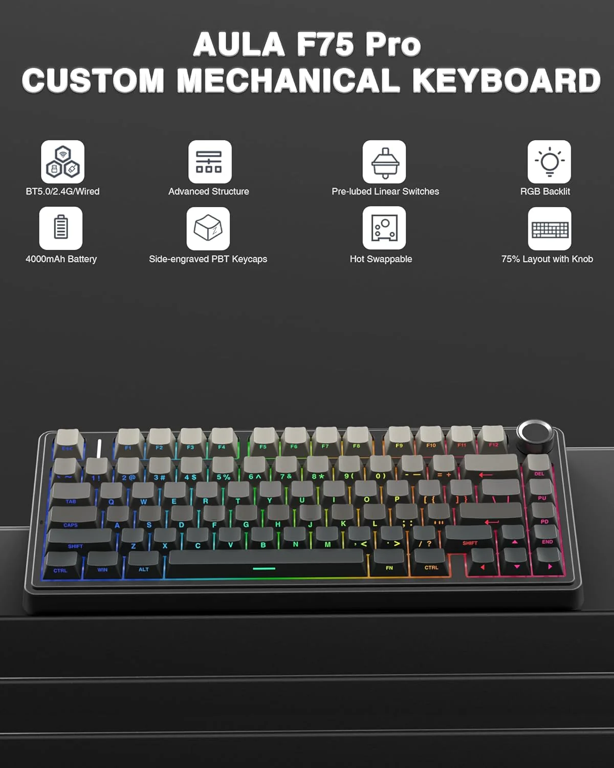 AULA F75 Pro Wireless, Mechanical Gaming Keyboard 75% Hot-Swappable RGB with Multifunction Knob - Image 6